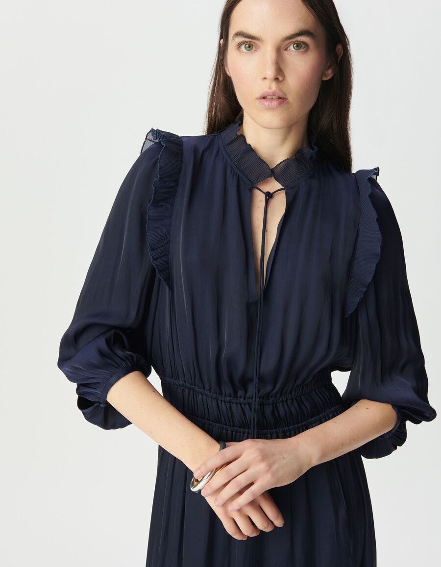 abito da donna blu navy fluido con volant plissettati