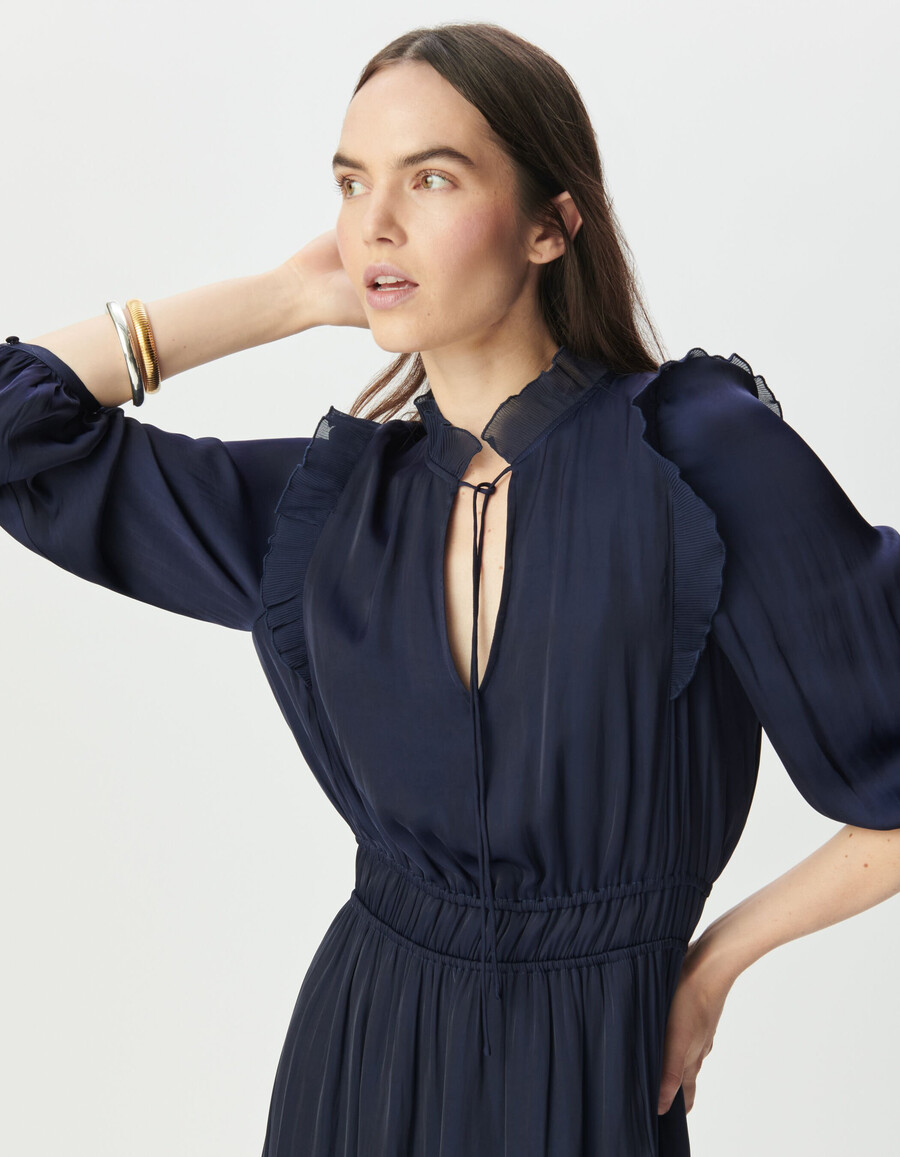 abito da donna blu navy fluido con volant plissettati