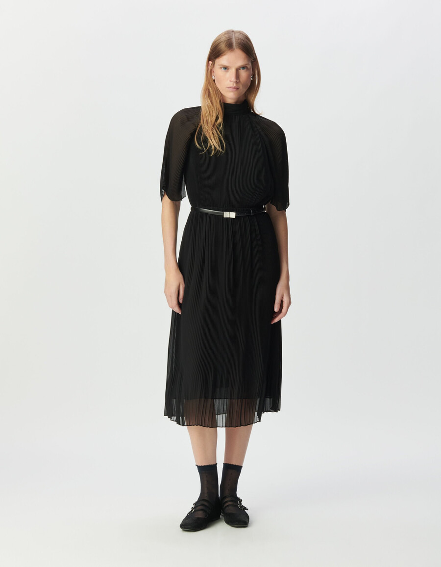 abito midi elegante in voile plissettato nero da donna