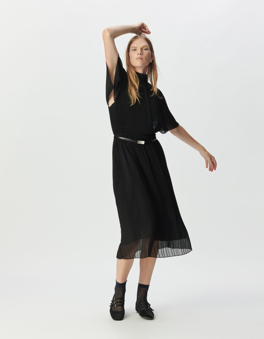 abito midi elegante in voile plissettato nero da donna