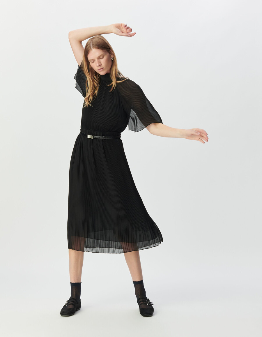 abito midi elegante in voile plissettato nero da donna