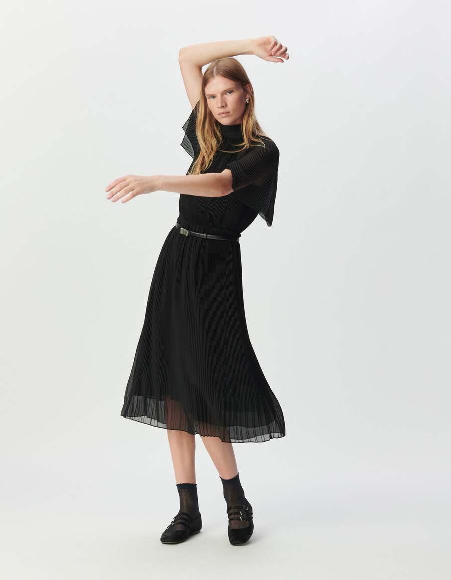 abito midi elegante in voile plissettato nero da donna