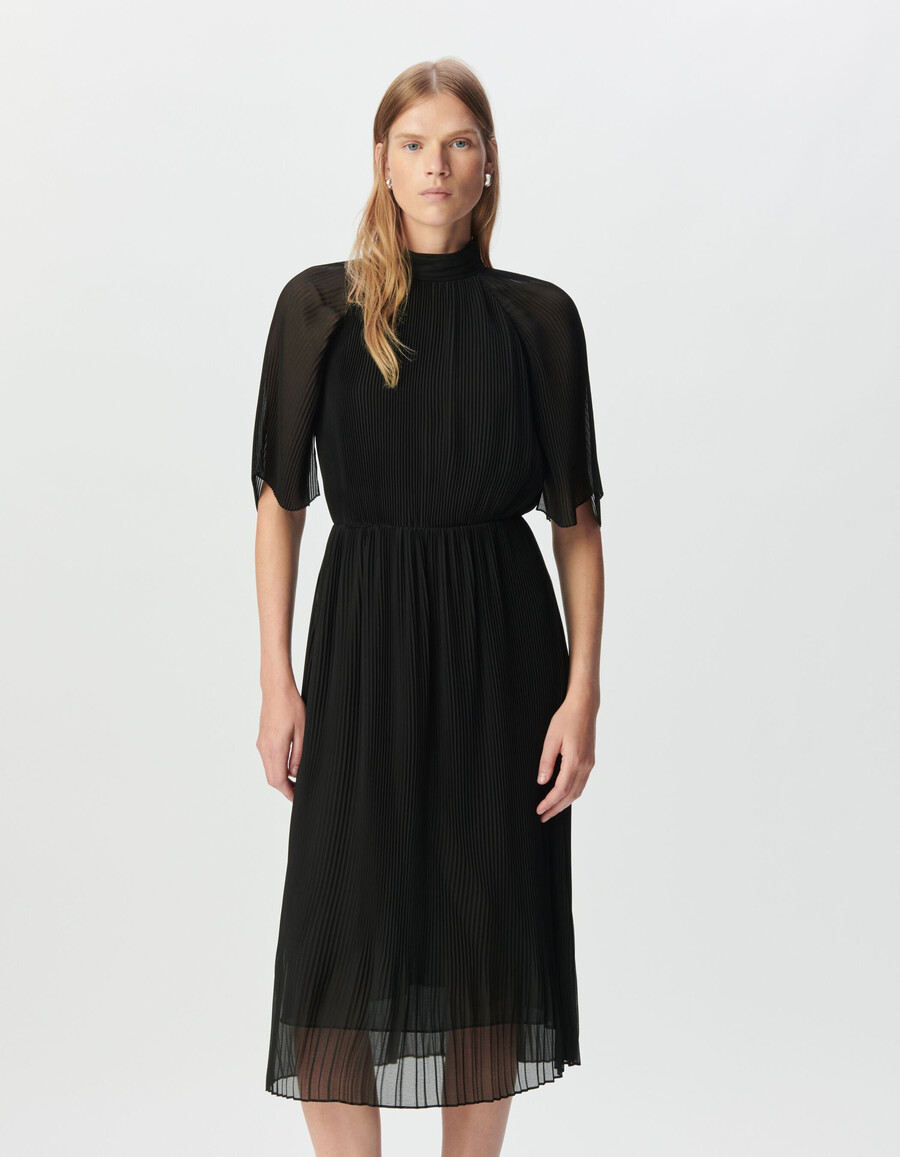 abito midi elegante in voile plissettato nero da donna