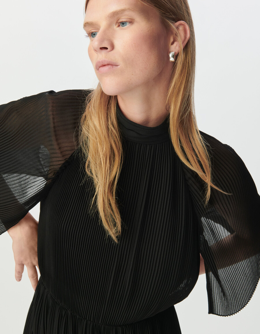 abito midi elegante in voile plissettato nero da donna