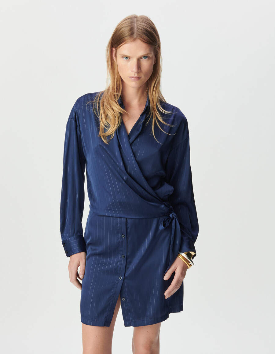 abito camicia avvolgente a righe blu navy da donna