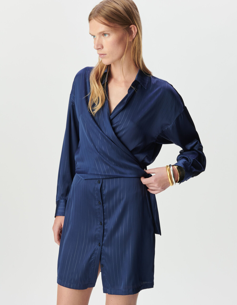 abito camicia avvolgente a righe blu navy da donna