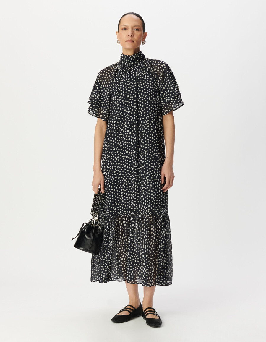 abito lungo da donna con stampa a pois blu navy e colletto drappeggiato