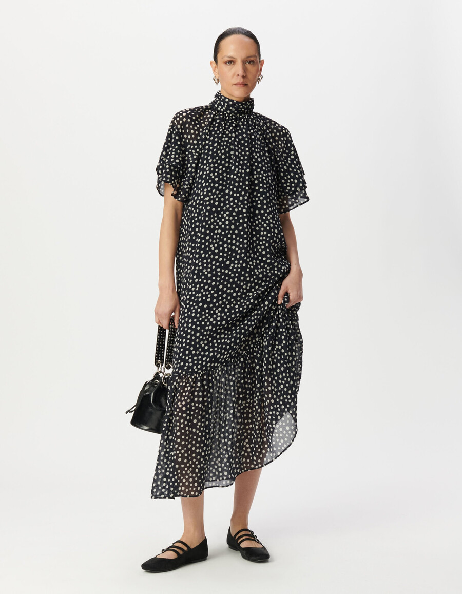 abito lungo da donna con stampa a pois blu navy e colletto drappeggiato