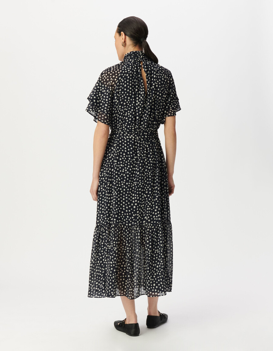 abito lungo da donna con stampa a pois blu navy e colletto drappeggiato