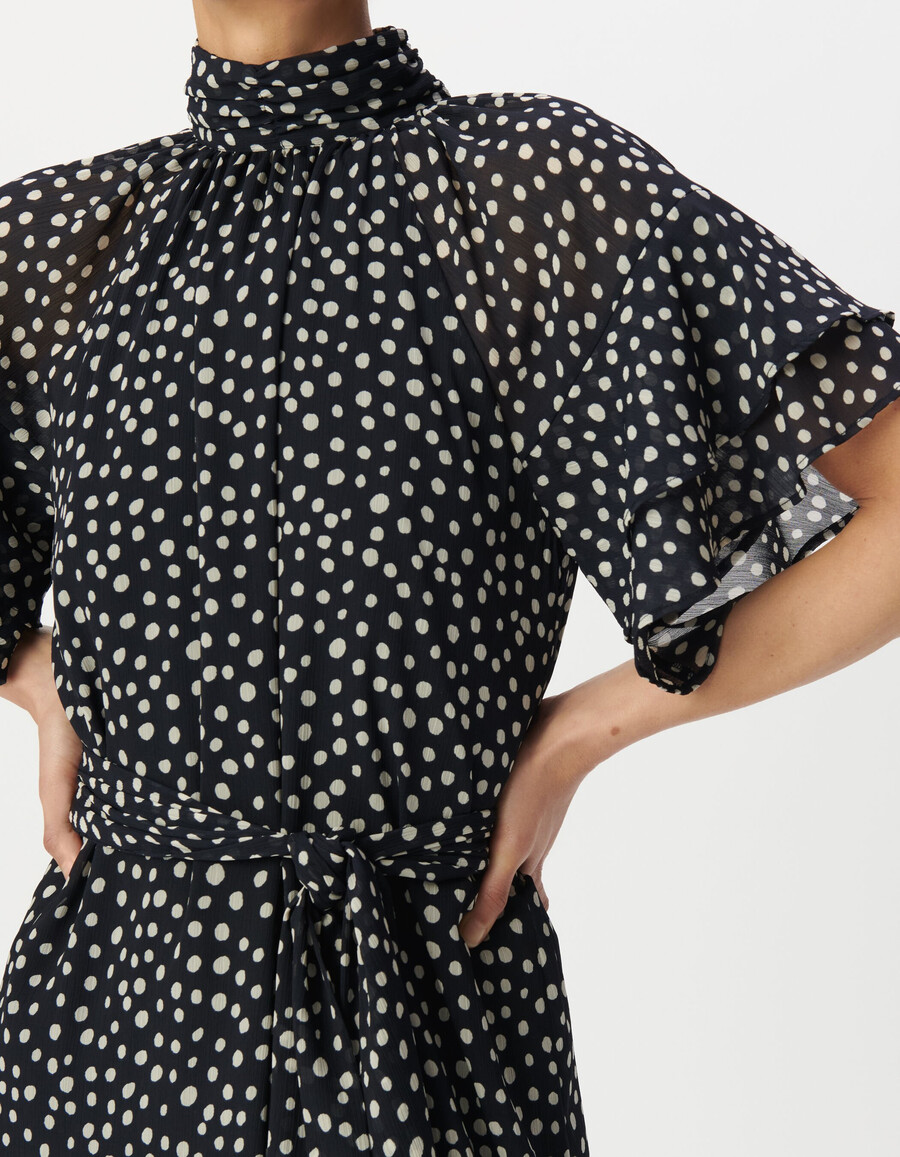 abito lungo da donna con stampa a pois blu navy e colletto drappeggiato