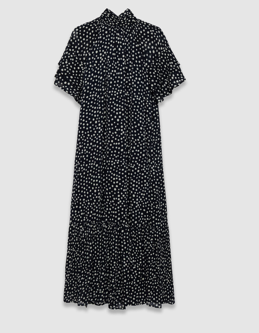 abito lungo da donna con stampa a pois blu navy e colletto drappeggiato