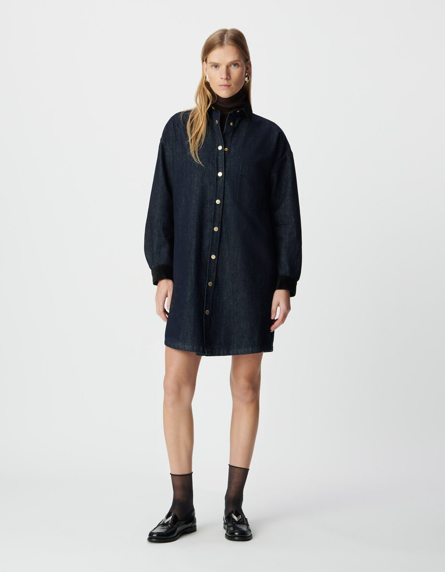 abito camicia in denim blu da donna colletto e polsini in velluto