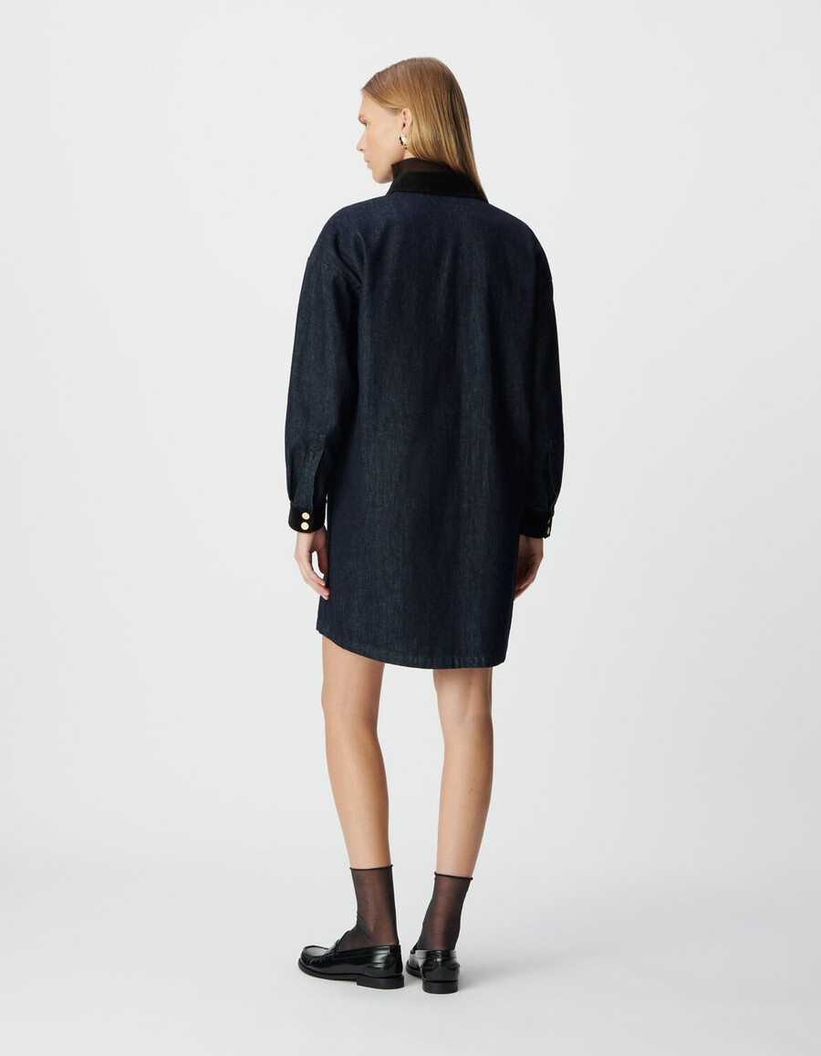 abito camicia in denim blu da donna colletto e polsini in velluto