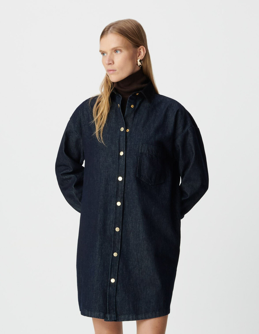abito camicia in denim blu da donna colletto e polsini in velluto