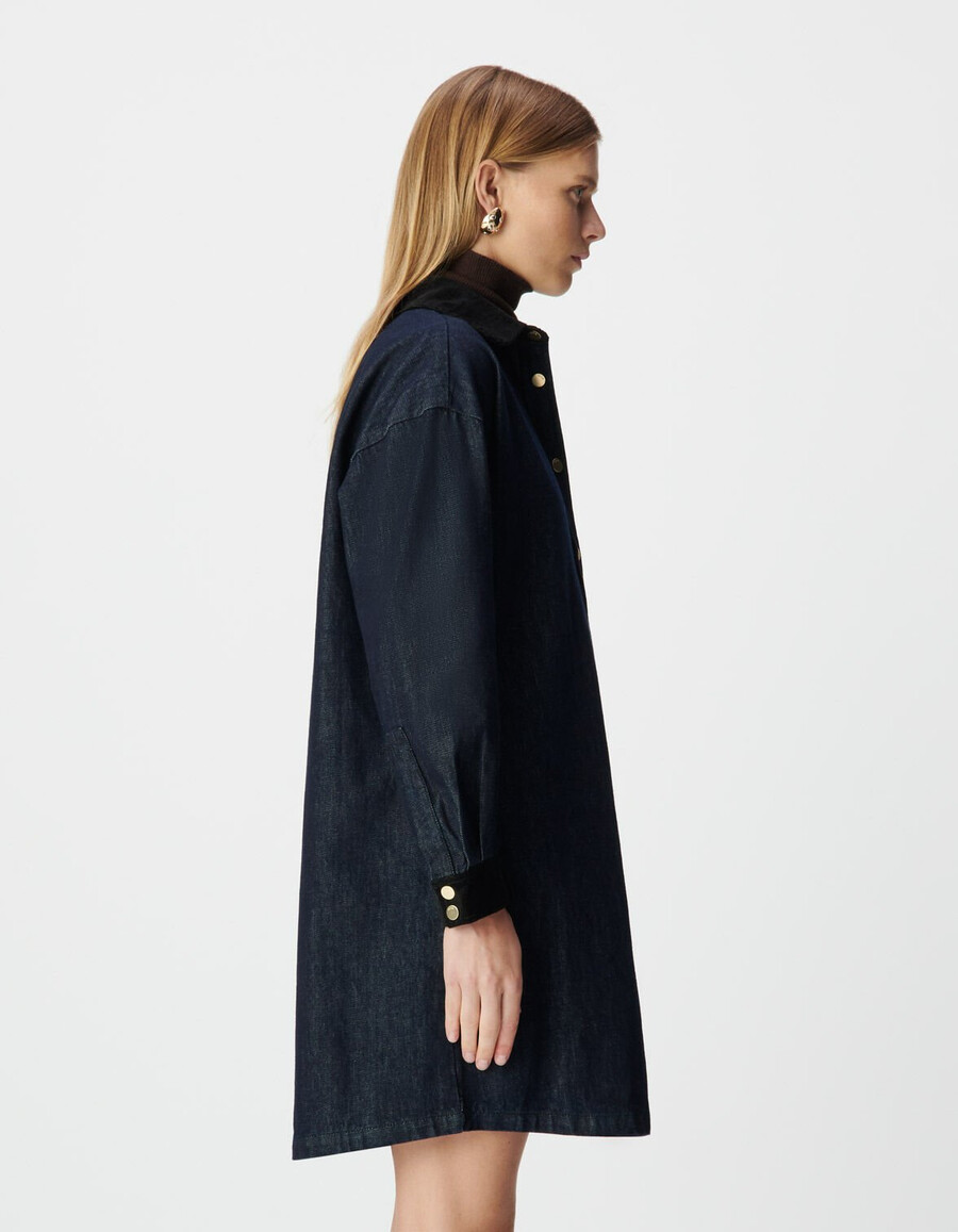 abito camicia in denim blu da donna colletto e polsini in velluto