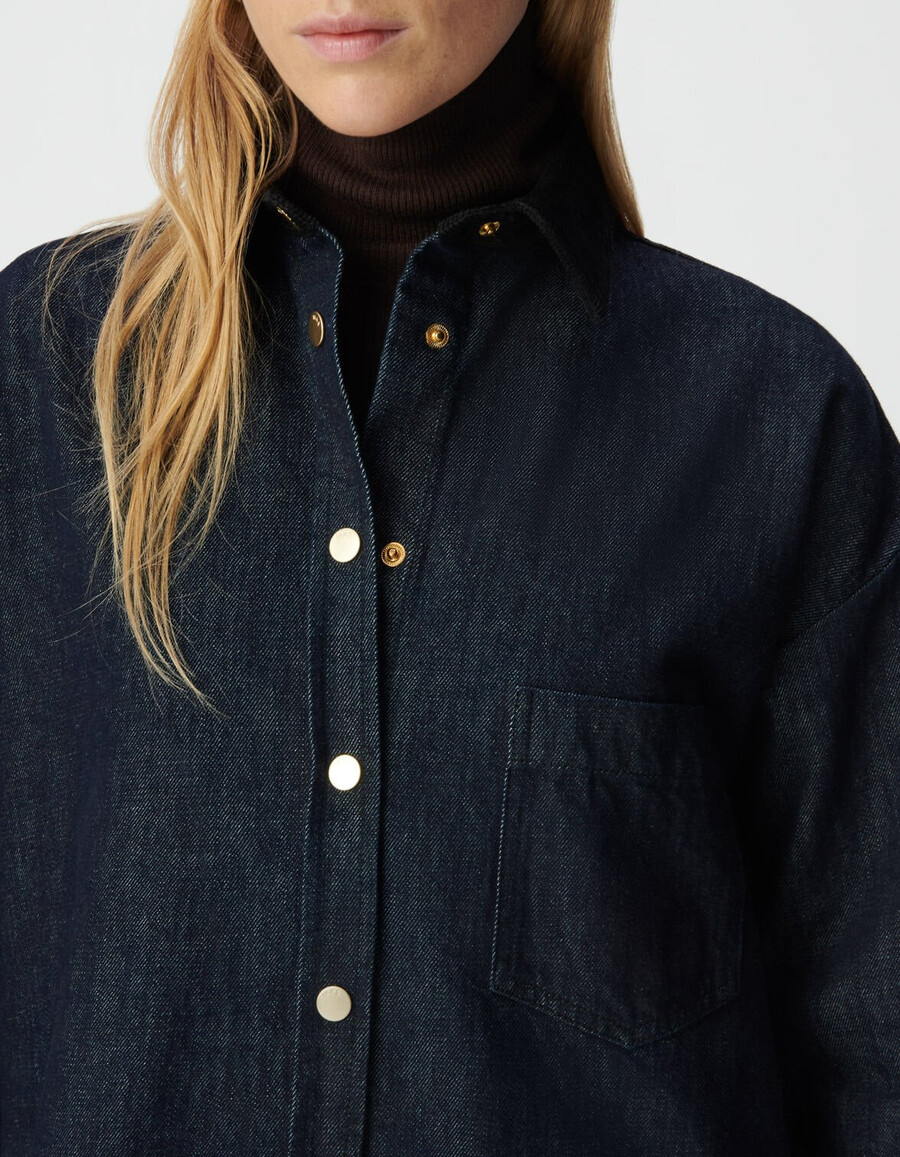 abito camicia in denim blu da donna colletto e polsini in velluto