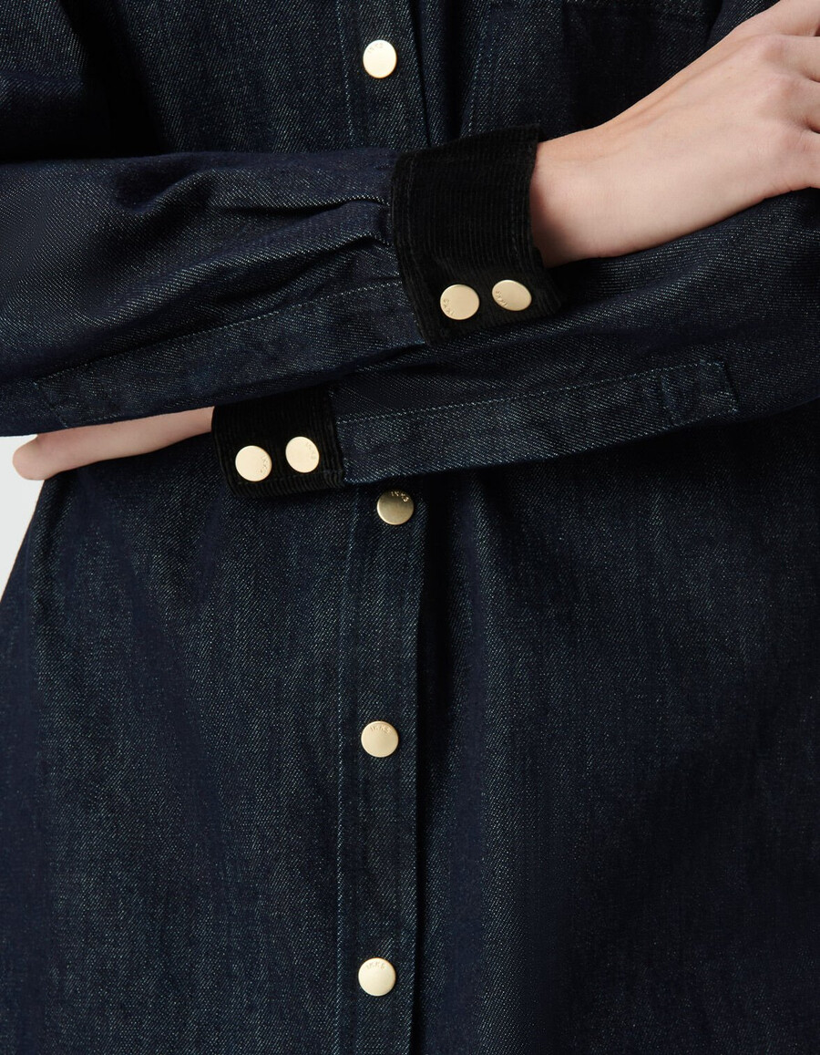 abito camicia in denim blu da donna colletto e polsini in velluto