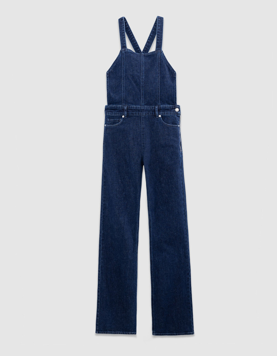 salopette da donna in denim blu con taglio a zampa