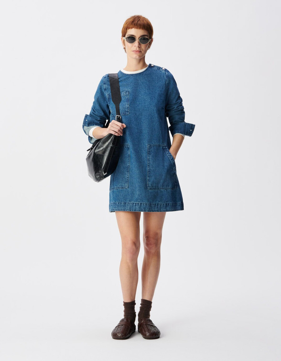 abito da donna in denim blu con tre tasche applicate