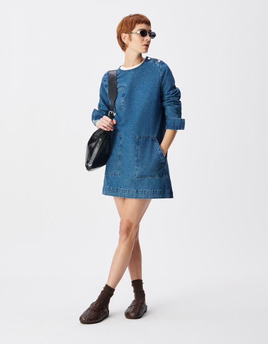 abito da donna in denim blu con tre tasche applicate