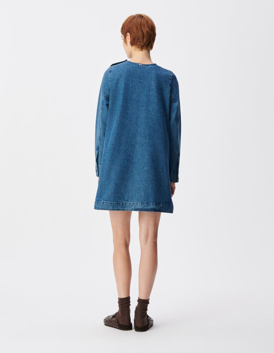 abito da donna in denim blu con tre tasche applicate