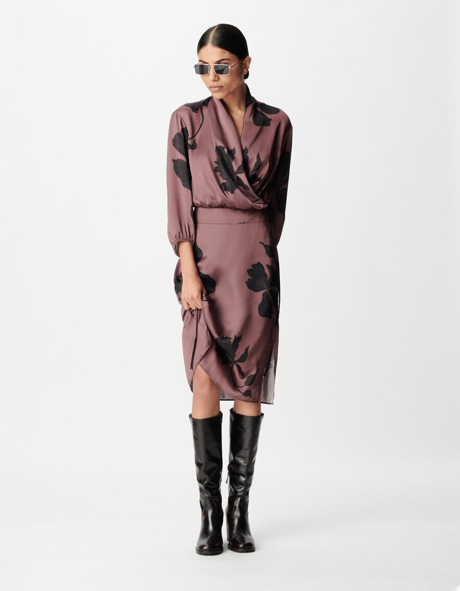 abito midi lungo con stampa floreale bordeaux da donna