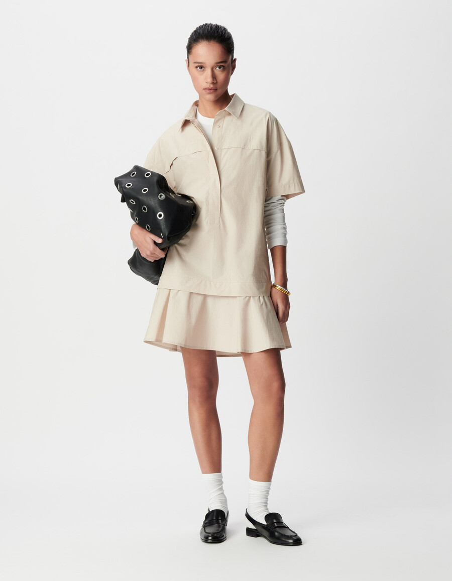 abito corto beige con gonna trompe-loeil da donna