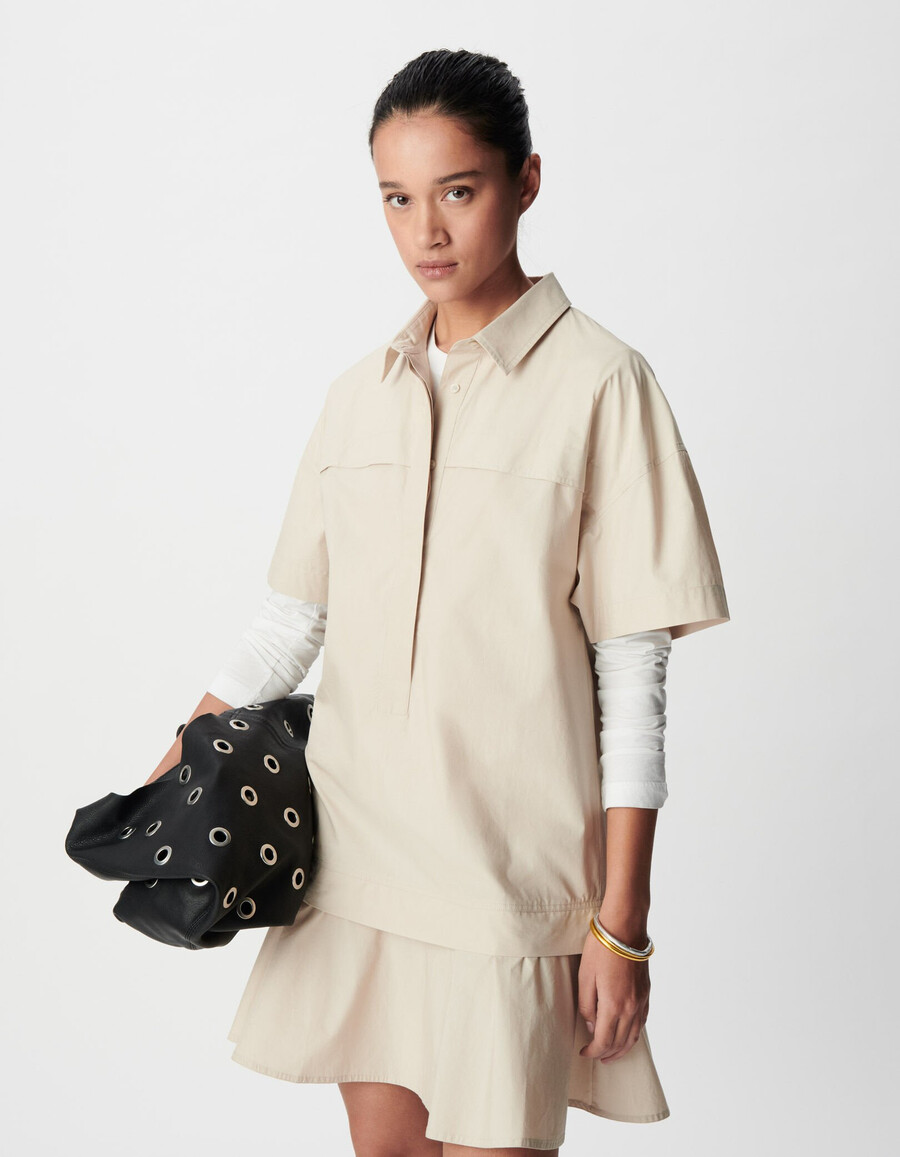 abito corto beige con gonna trompe-loeil da donna
