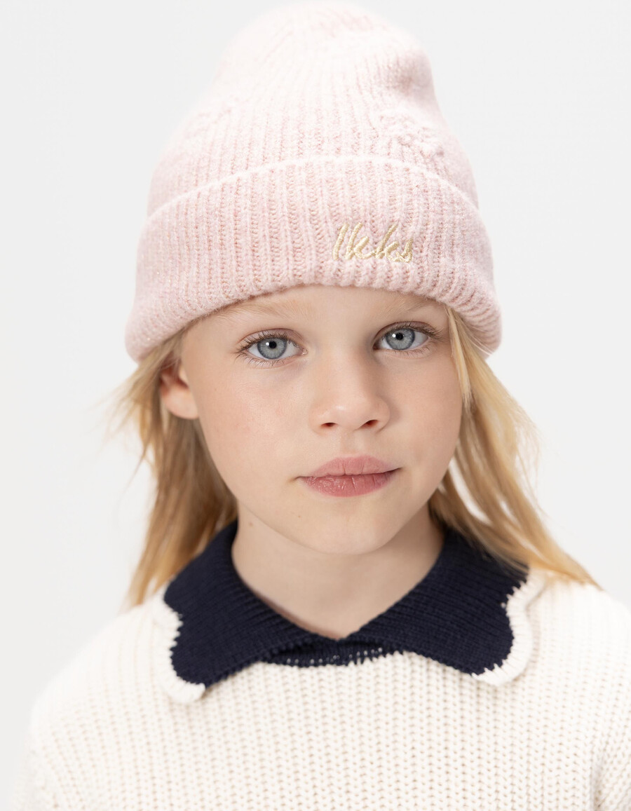 berretto rosa glitterato in maglia con ricamo floreale per bambine