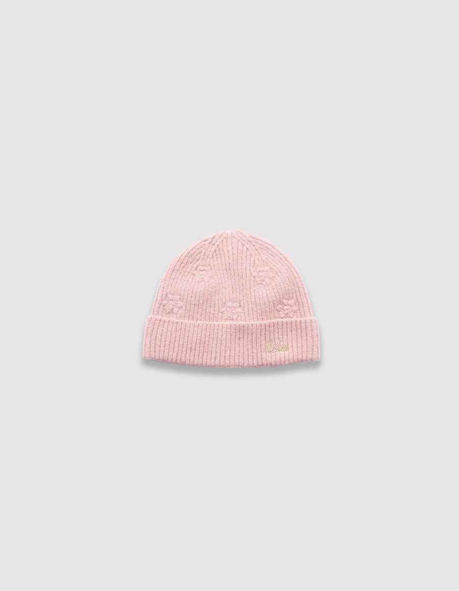berretto rosa glitterato in maglia con ricamo floreale per bambine