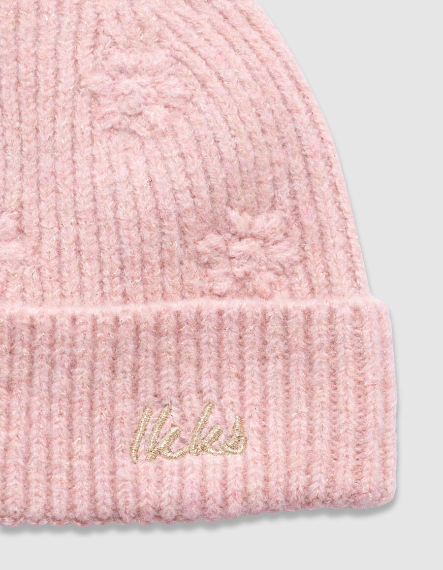berretto rosa glitterato in maglia con ricamo floreale per bambine
