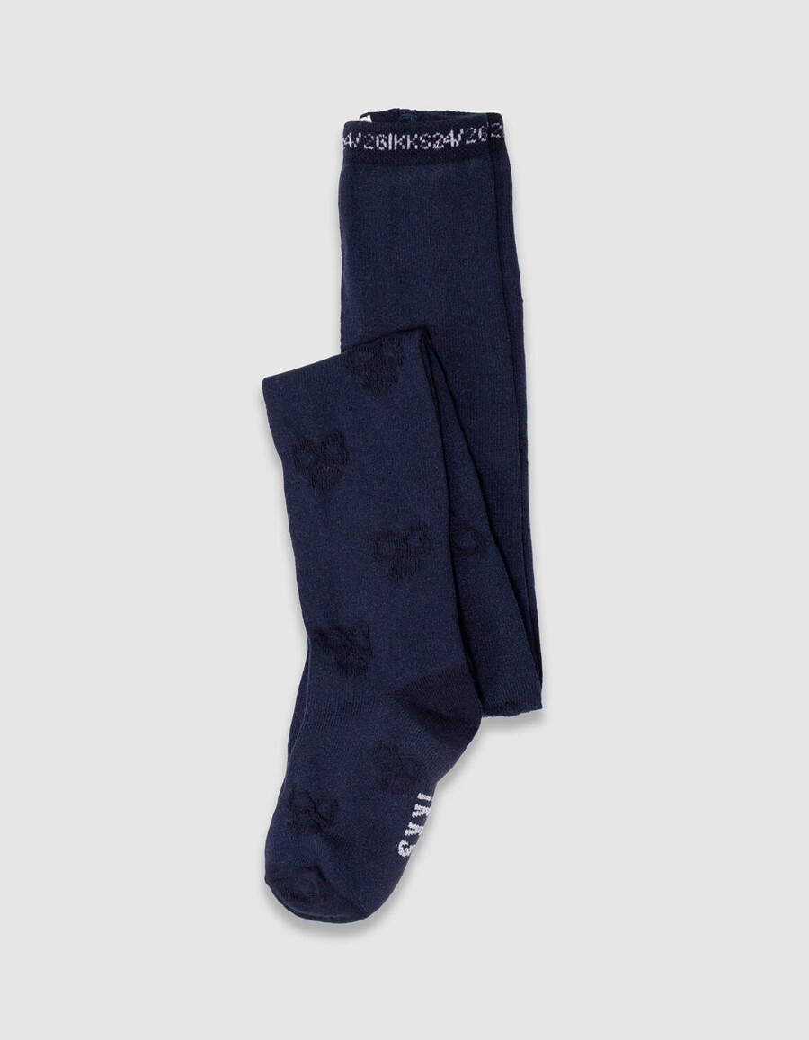 collant in maglia jacquard blu navy con motivo a fiocco per bambine
