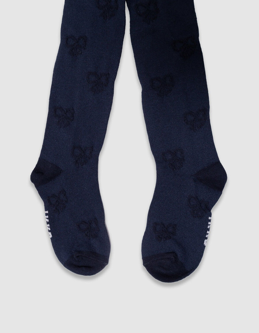 collant in maglia jacquard blu navy con motivo a fiocco per bambine