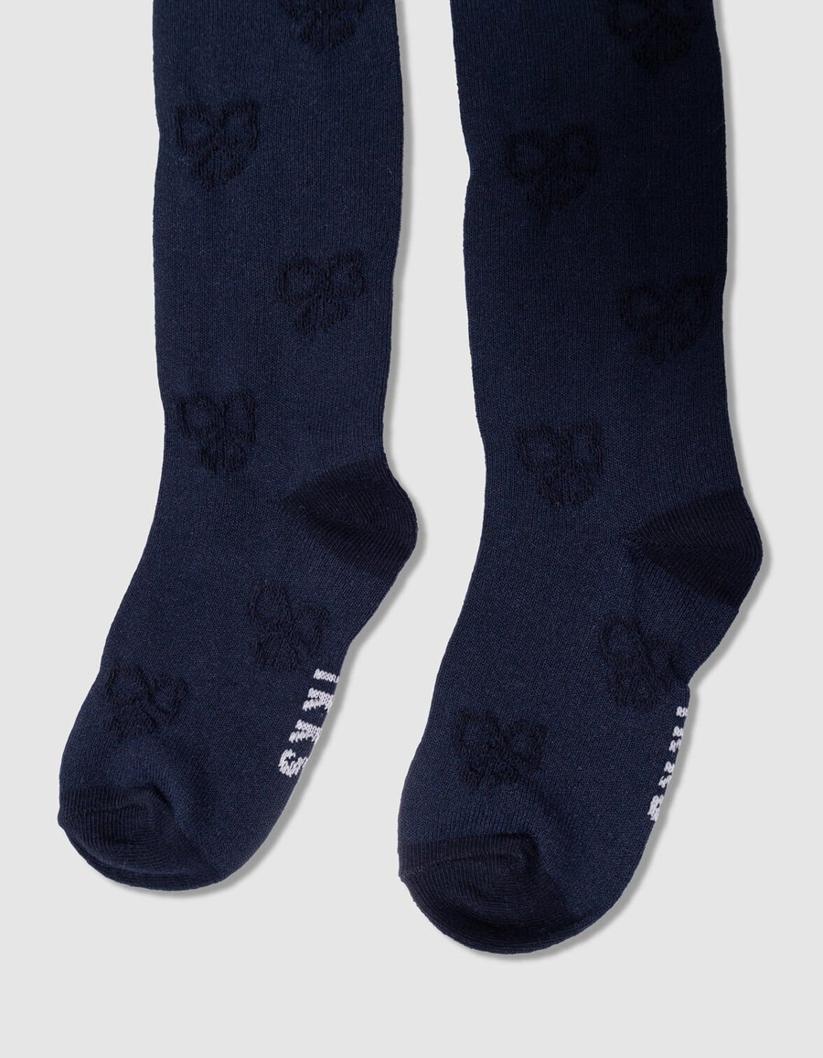 collant in maglia jacquard blu navy con motivo a fiocco per bambine