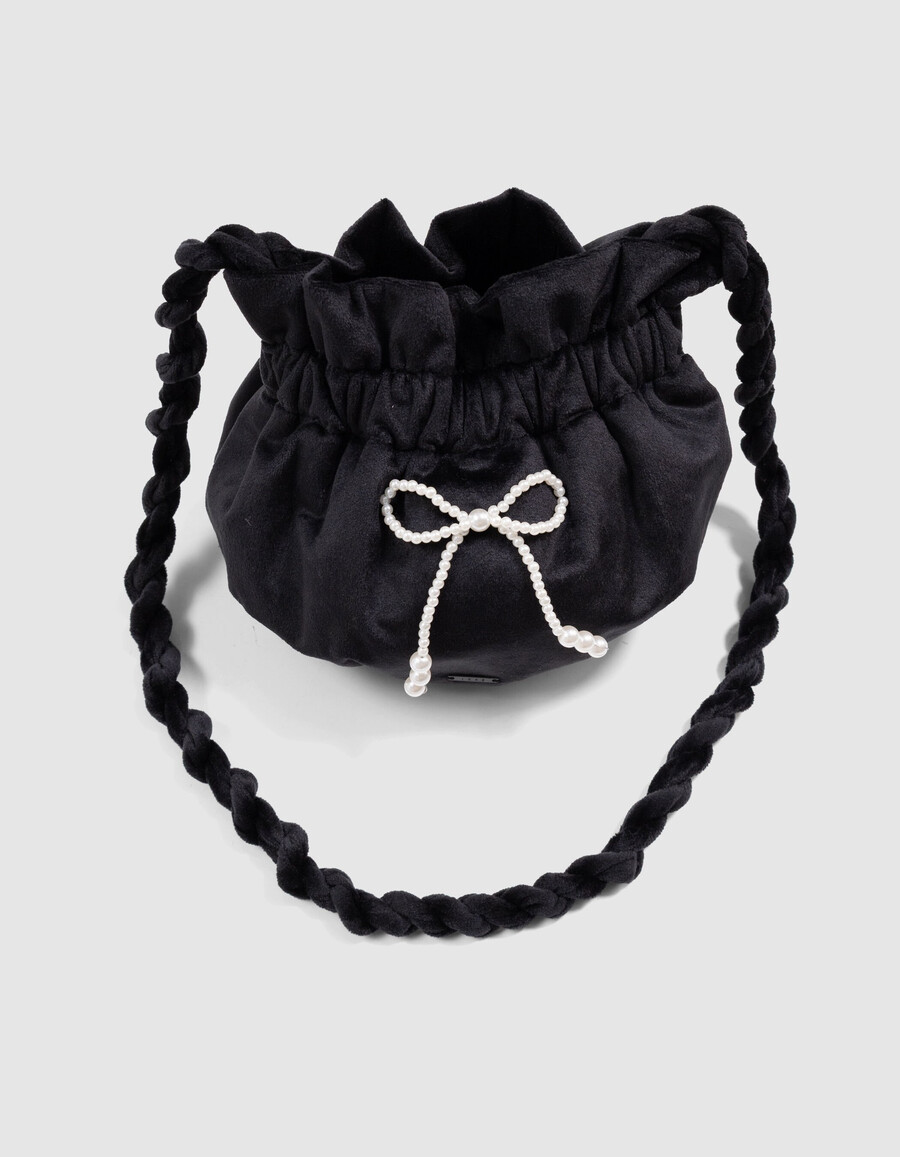 borsa a secchiello in velluto nero panné per ragazze