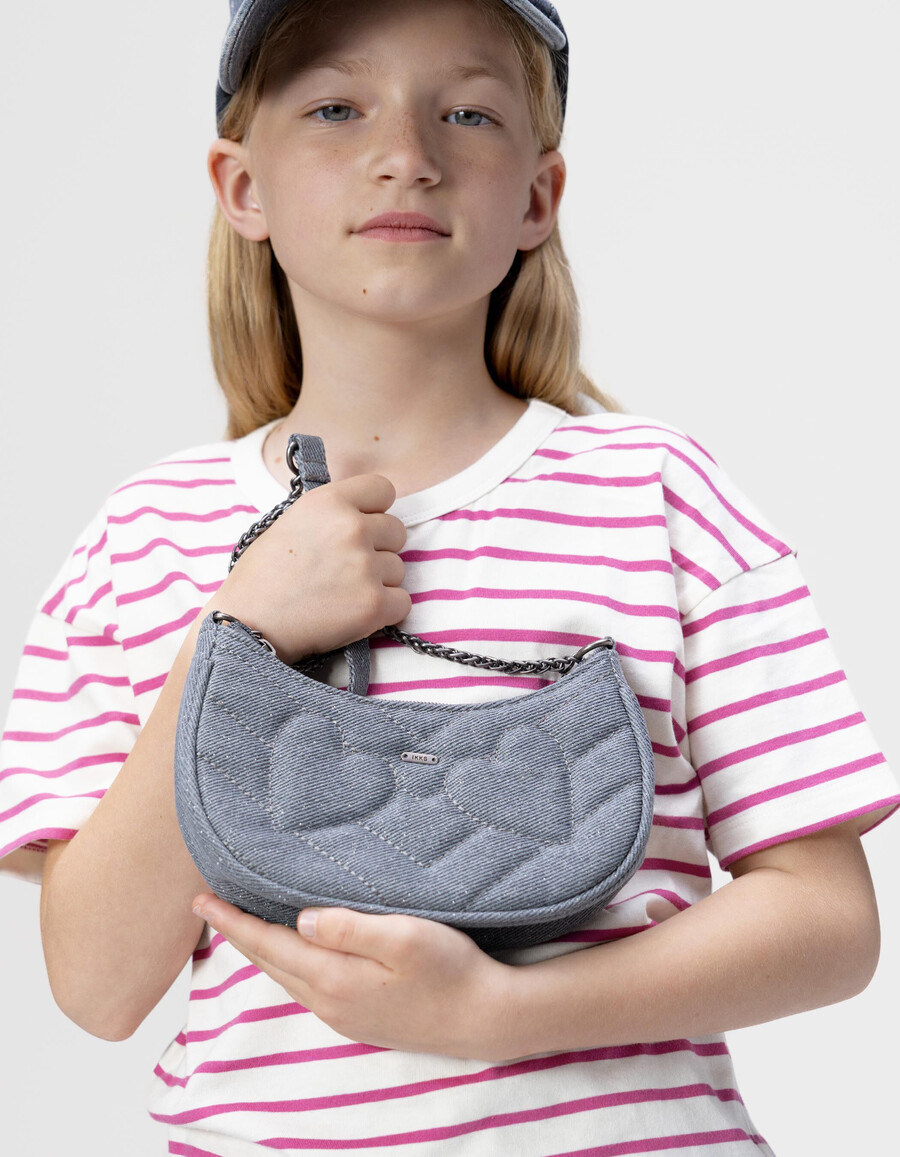 borsa blu glitterata per bambine con cuori trapuntati