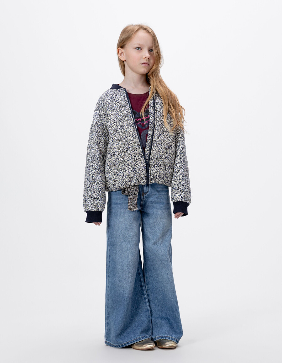 cardigan trapuntato blu navy per bambine con stampa leopardata e fiocco