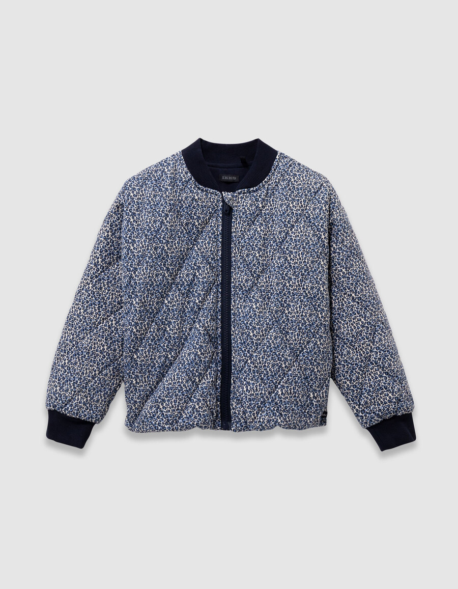cardigan trapuntato blu navy per bambine con stampa leopardata e fiocco