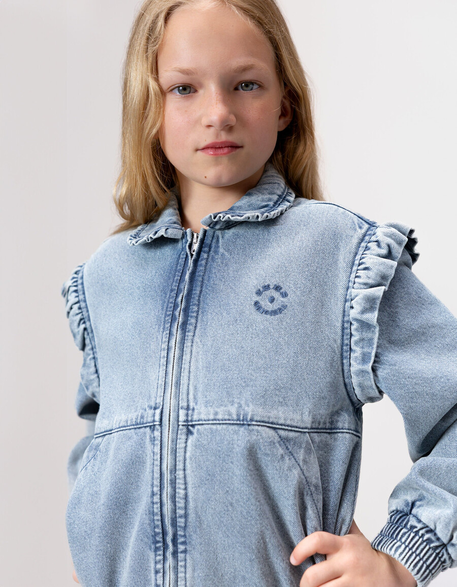giacca in denim blu da bambina con maniche staccabili