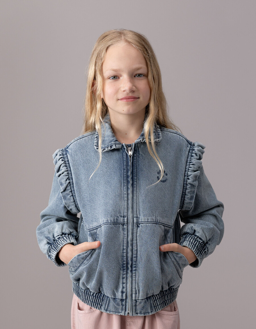 giacca in denim blu da bambina con maniche staccabili