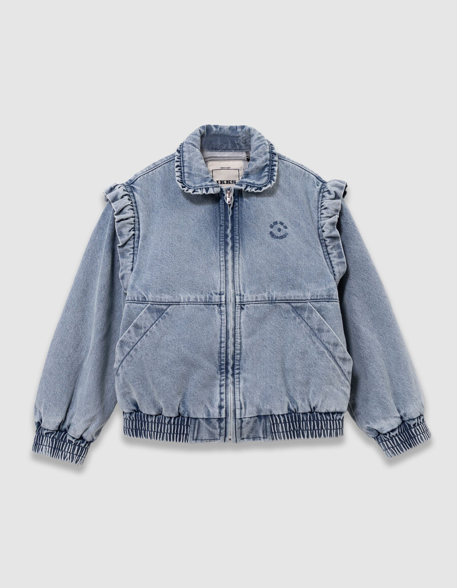 giacca in denim blu da bambina con maniche staccabili