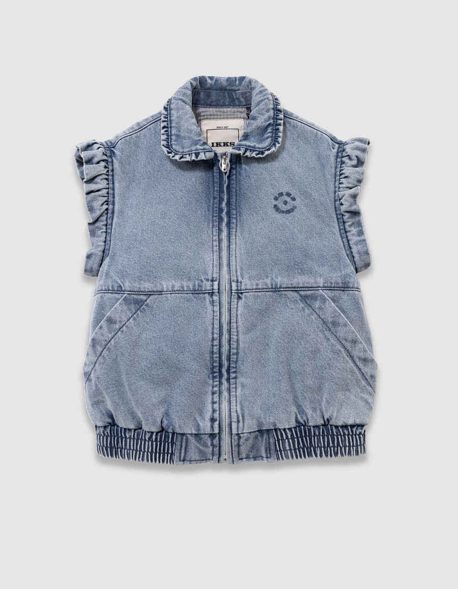 giacca in denim blu da bambina con maniche staccabili