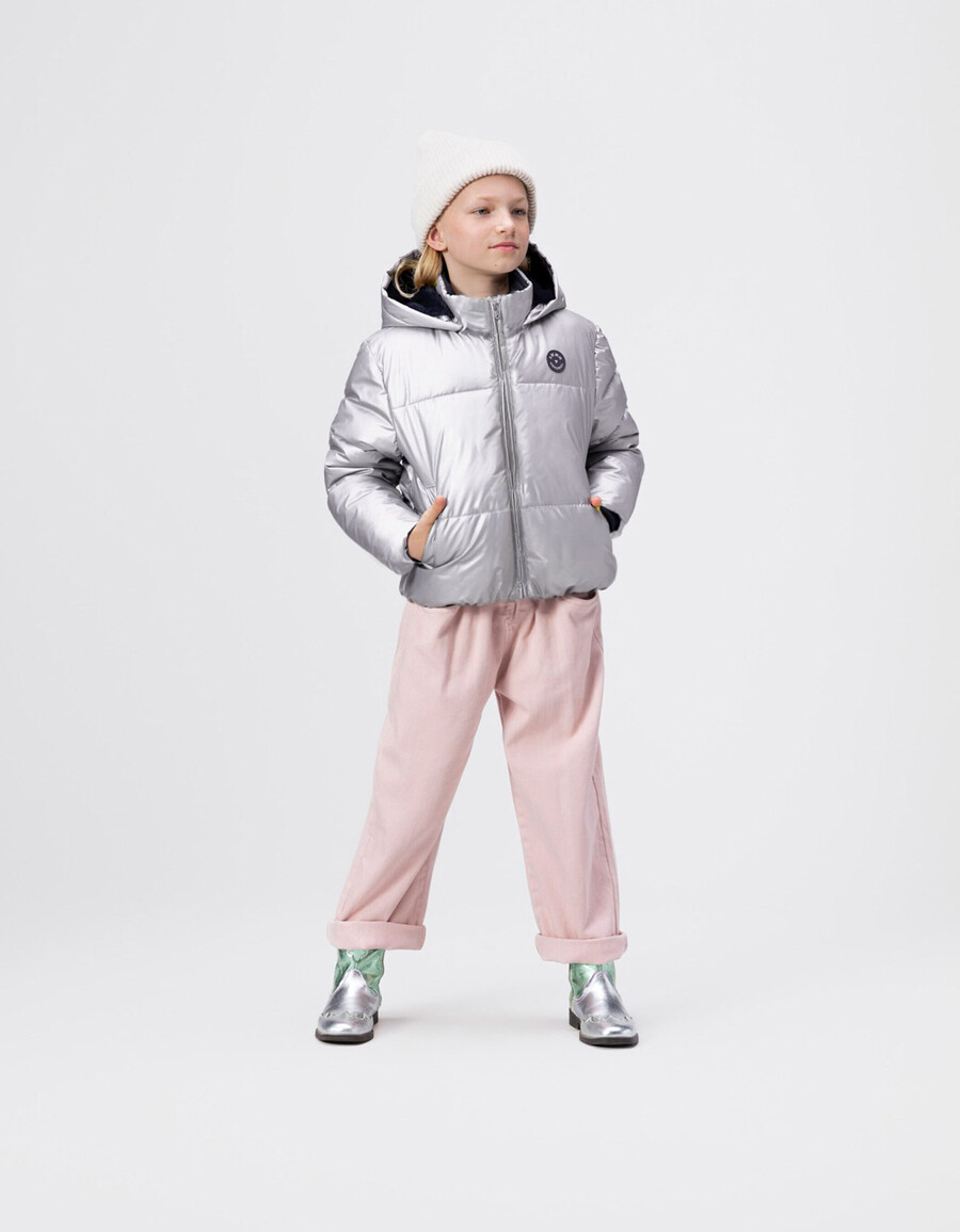 giacca imbottita argentata da bambina con cappuccio foderato in pelliccia blu navy