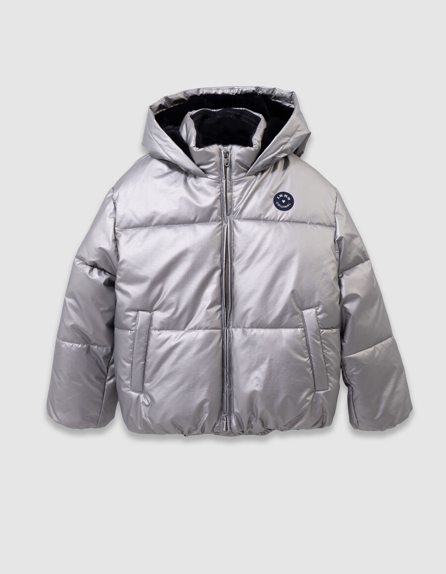 giacca imbottita argentata da bambina con cappuccio foderato in pelliccia blu navy