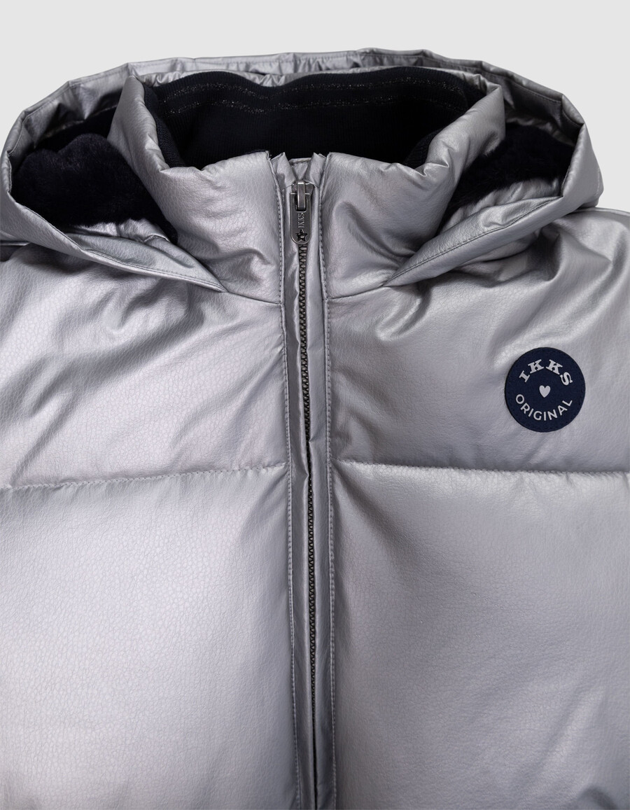 giacca imbottita argentata da bambina con cappuccio foderato in pelliccia blu navy
