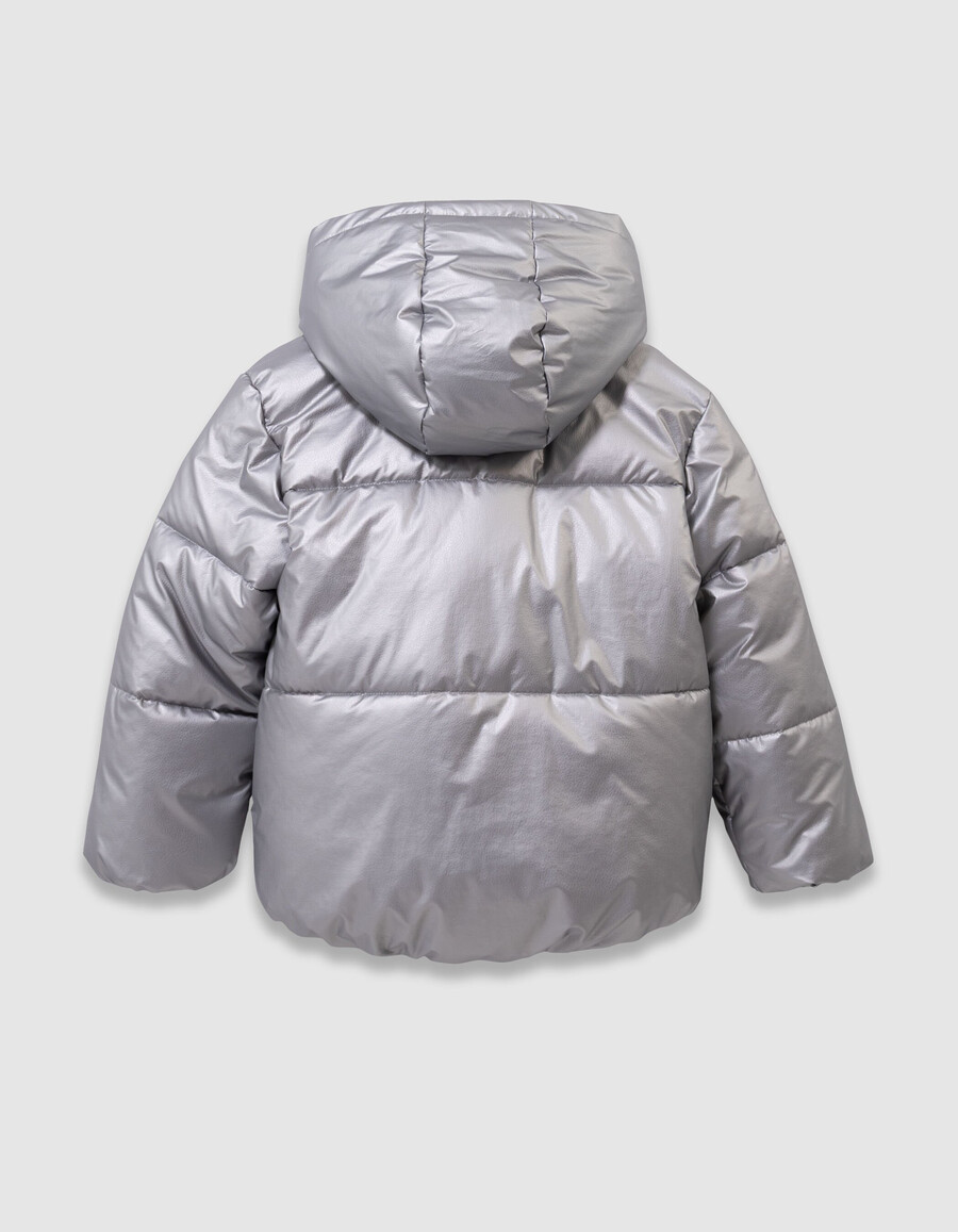 giacca imbottita argentata da bambina con cappuccio foderato in pelliccia blu navy