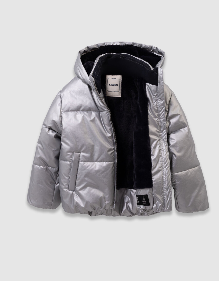 giacca imbottita argentata da bambina con cappuccio foderato in pelliccia blu navy