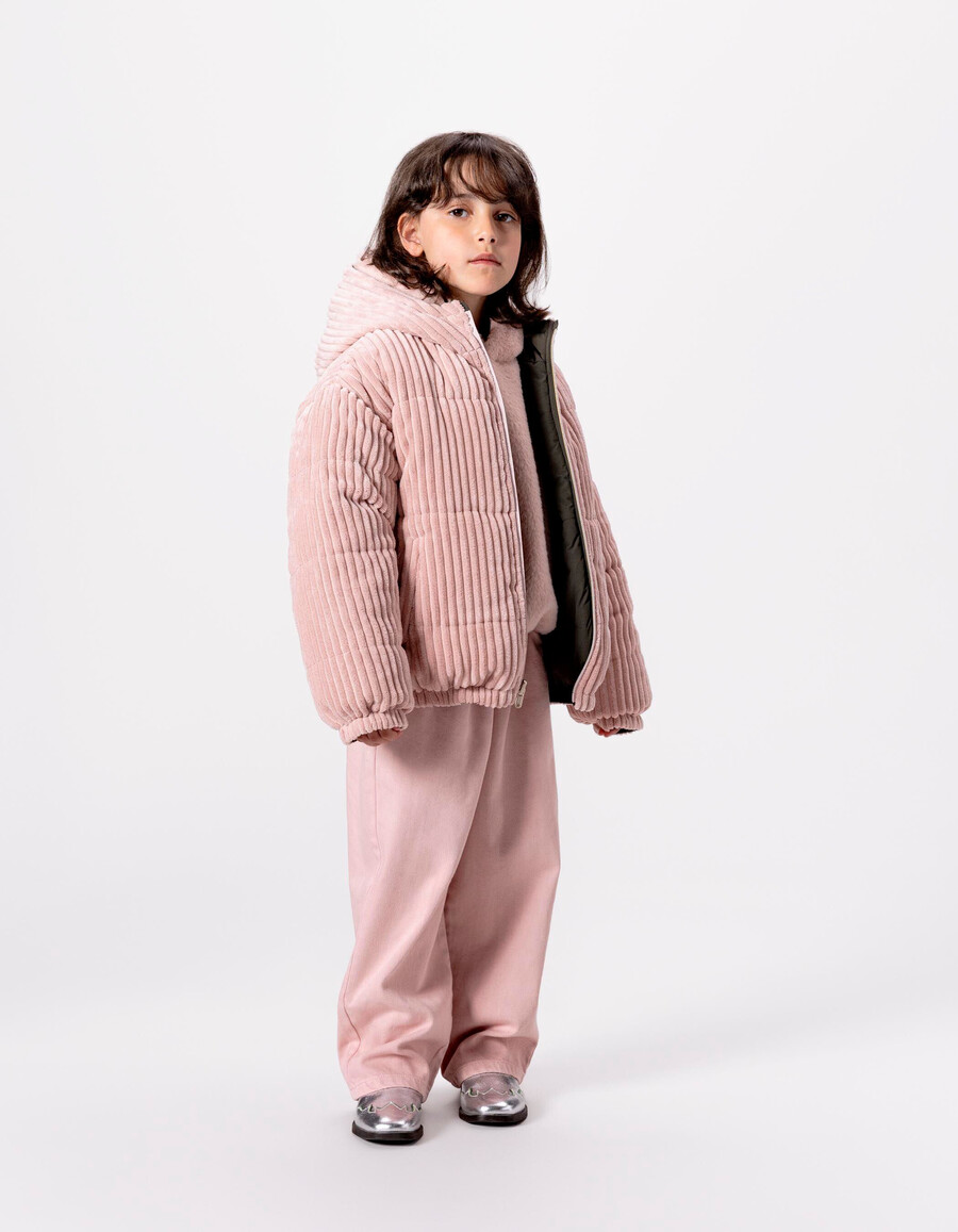 giacca imbottita reversibile in velluto a coste color cachi e rosa per bambine