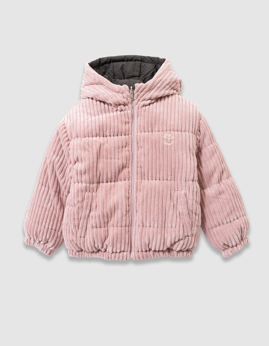 giacca imbottita reversibile in velluto a coste color cachi e rosa per bambine