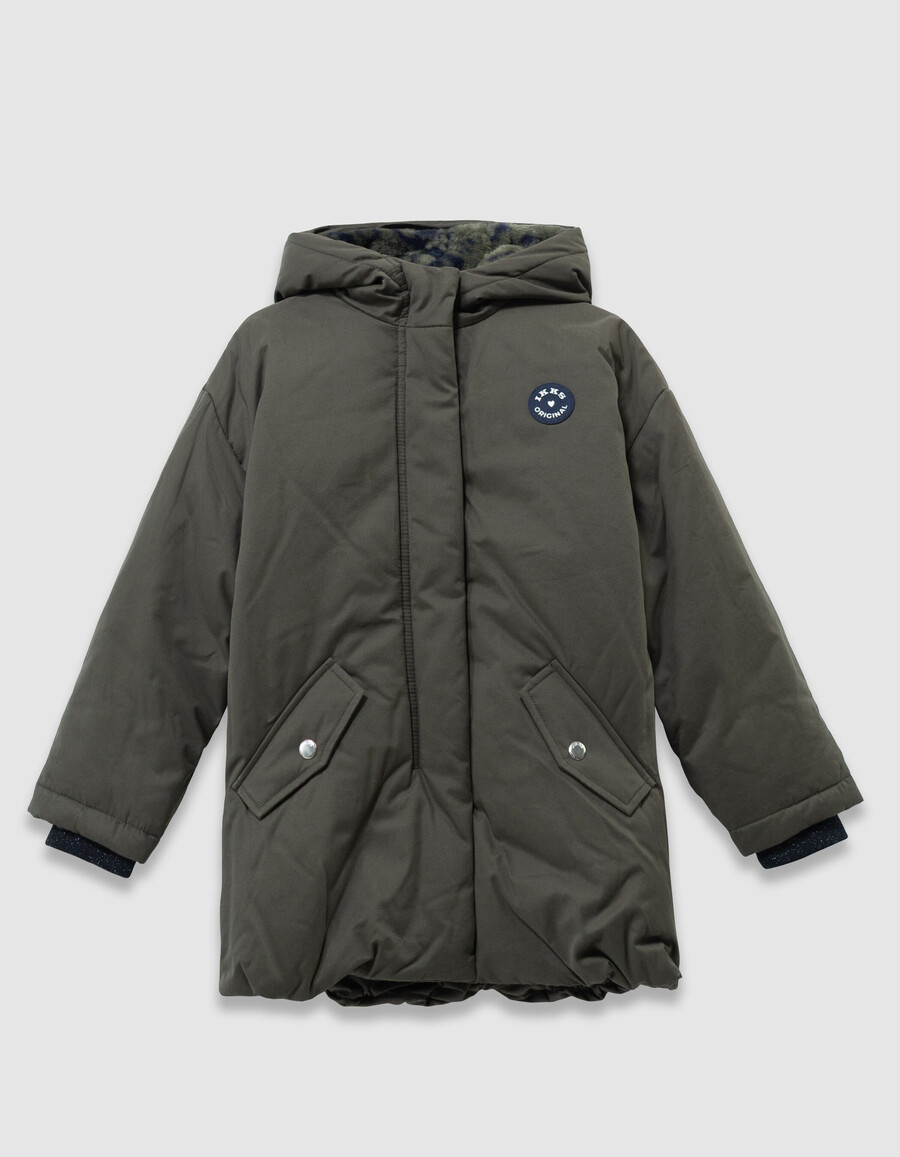 parka color cachi con fodera in pelliccia per bambina con motivo leopardato a cuore